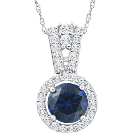 1 1/2Ct TW Blue Sapphire Halo Diamond Pendant 10k White Gold Women's Necklace