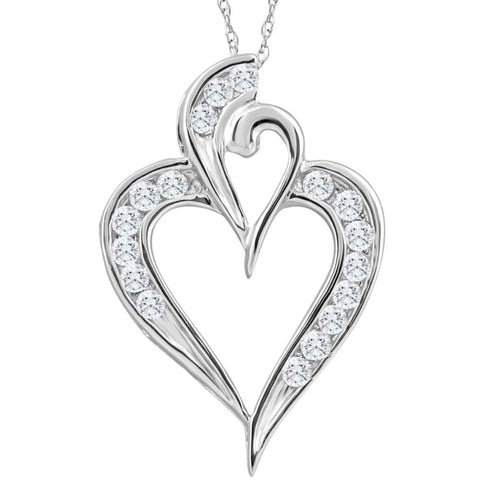 10K White Gold 1/2Ct TW Real Diamond Heart Pendant Necklace 1" Tall