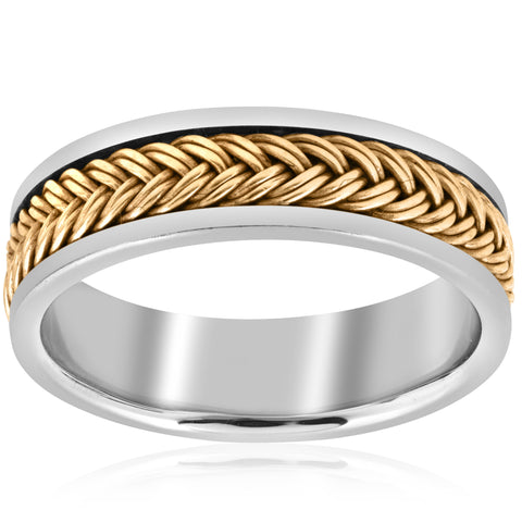 Mens 14K White Yellow Gold Two Tone Braided Band Ring Comfort Fit