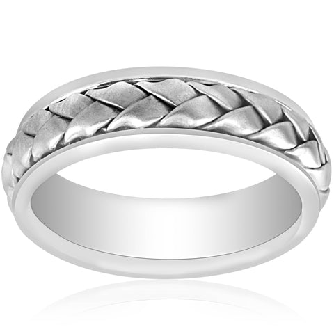 7MM Wide Mens Hand Braided Wedding Band 14K White Gold Comfort Fit