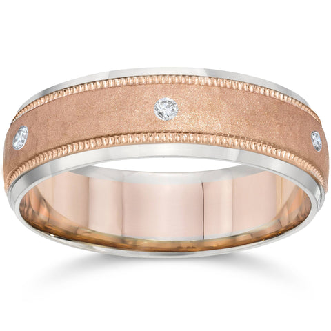 Men's Diamond 14K Rose & White Gold Hammered Two Tone Wedding Band 6mm Ring