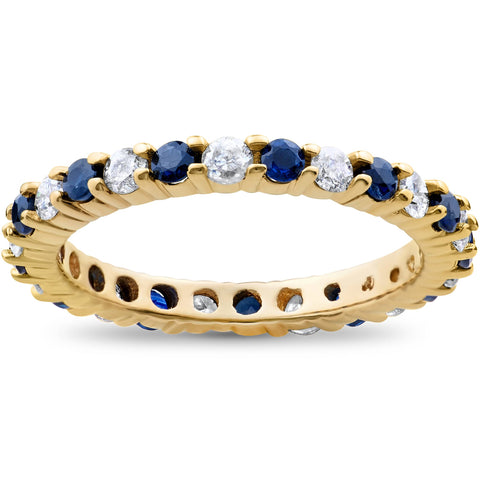 Blue Sapphire & Diamond Eternity Ring 1 1/2 ct Stackble Yellow Gold Wedding Band