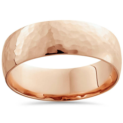 7mm 14K Rose Gold High Polished Hammered Mens Wedding Band