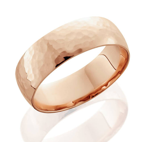 7mm 14K Rose Gold High Polished Hammered Mens Wedding Band