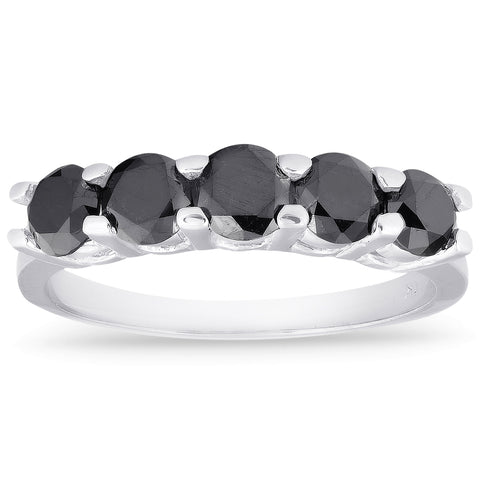 1 cttw Five Stone Black Diamond Wedding Anniversary Ring 14K White Gold Treated
