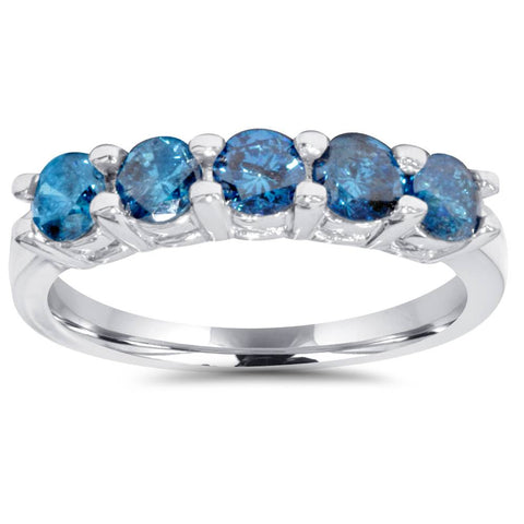 1ct Treated Blue Diamond Wedding Five Stone Ring 14k White Gold