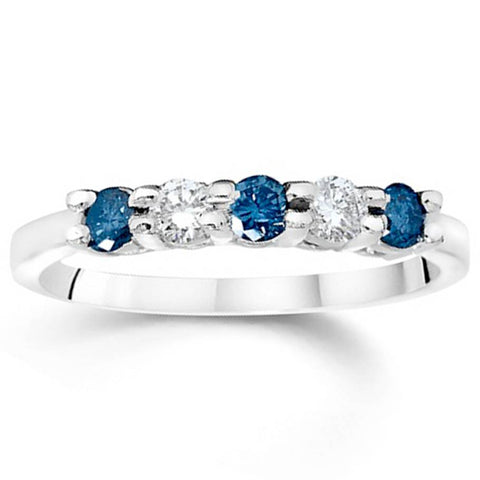 3/4Ct Blue & White Diamond Five Stone Wedding Ring in White Gold