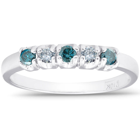 1/4ct Treated Blue & White Diamond 5-Stone Wedding Womens Ring 10K White Gold