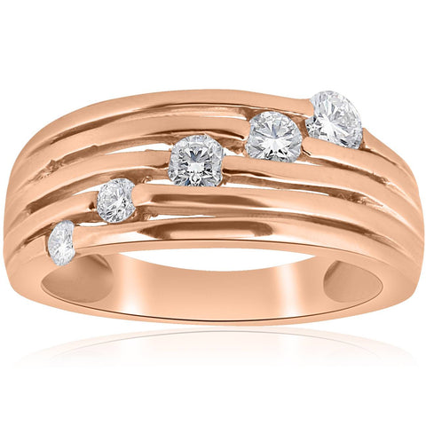 14K Rose Gold 1/2ct Diamond Right Hand Journey Ring High Polished Multi Row