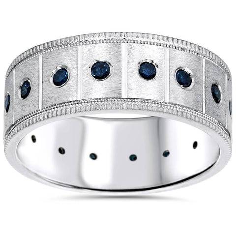 5/8ct Blue Diamond Mens Comfort Fit Wedding Ring 14K White Gold 8mm