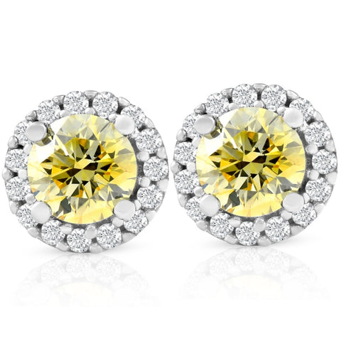 VS 1/2 Ct Halo Fancy Canary Yellow Lab Grown Diamond Studs White Gold Earrings