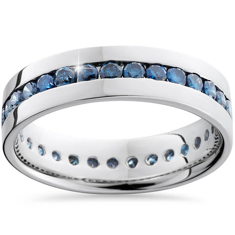 Men's 1 1/5ct Blue Diamond Channel Set Eternity Ring 14K White Gold Wedding Band