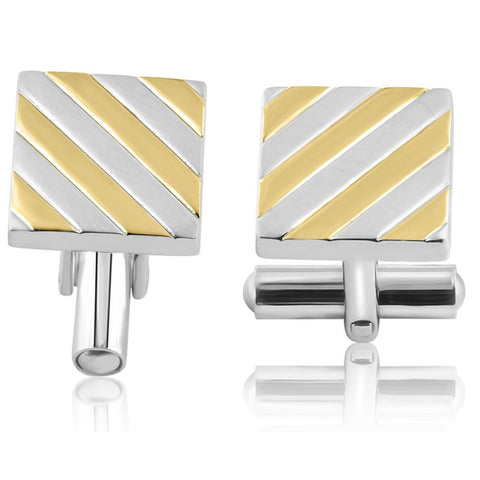 Men's Stainless Steel And Gold Striped Square Polished 14mm Cufflink