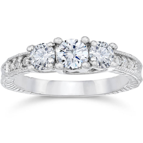 1ct   Diamond Three Stone Engagement Ring 14K White Gold