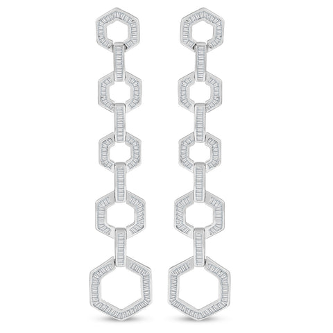 3.80Ct TW 18k White Gold 2 3/4" Dangle Hexagon Baguette Diamond Dangle Earrings