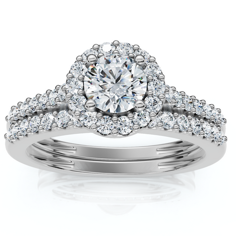 3/4ct Halo Round Cut Natural Diamond Engagement Ring Set 14K White Gold