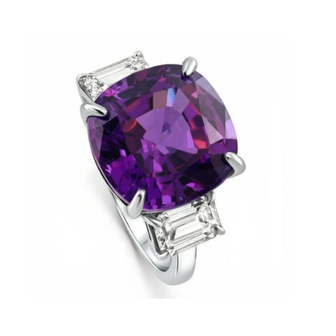 11.90Ct Cushion Amethyst & Emerald Cut Diamond Ring 14k White Gold Lab Grown
