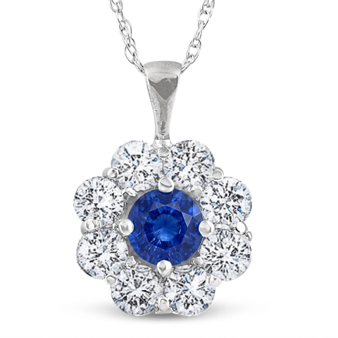 1 1/4ct Blue Sapphire & Diamond Halo Pendant 14K White Gold