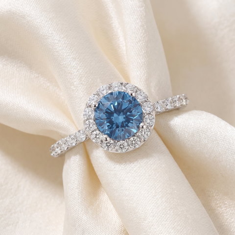 2Ct TW Blue & White Diamond Halo Engagement Ring in 14k White Gold