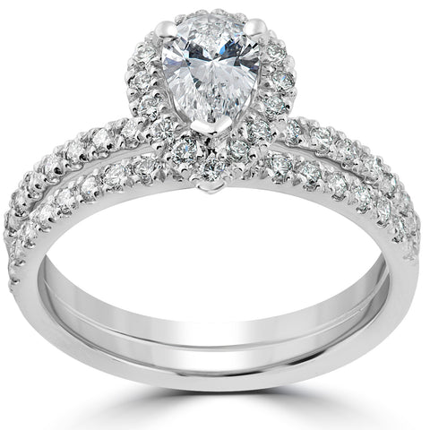 F/VS 1.60 Ct Pear Diamond Engagement Ring Set 14k White Gold Halo Lab Grown