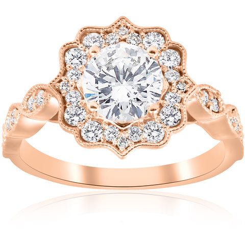 1 1/2 ct Halo Diamond Engagement Ring 14k Rose Gold Deco Design Lab Grown