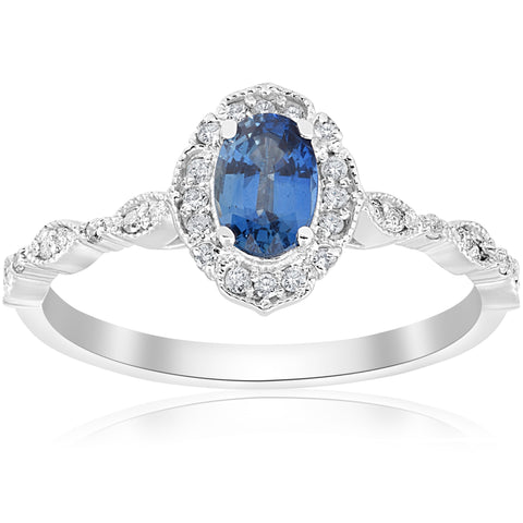 Blue Sapphire Vintage Halo Diamond Engagement 3/4ct Ring 14k White Gold Antique