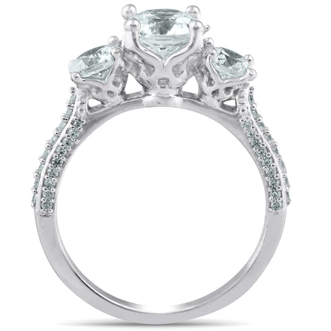 1 3/4 Ct Diamond Three Stone Engagement Pave Ring 14k White Gold