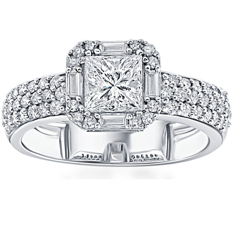 F/VS 1 5/8CT Princess Cut Halo Diamond Engagement Ring 14k White Gold Lab Grown
