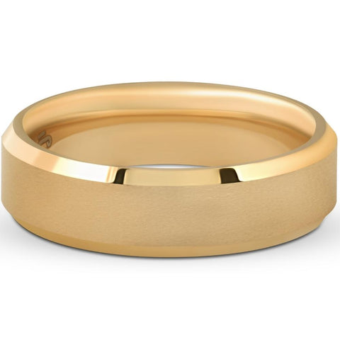 Mens Gold Plated Tungsten Ring 6mm Comfort Fit Brushed Beveled Edge Wedding Band