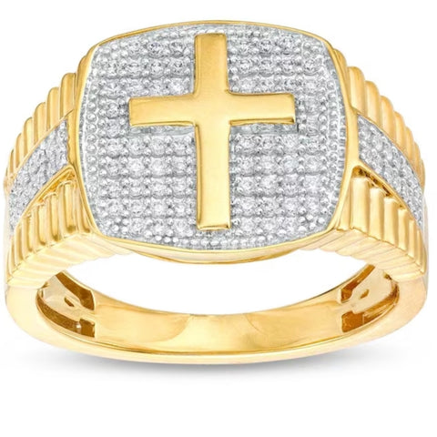 3/4Ct Men's Diamond Cross Ring 10k Yellow Gold