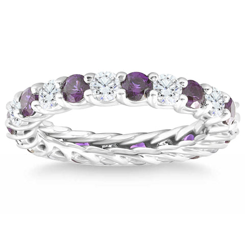 2 1/2Ct Amethyst & Diamond Eternity Ring 14k White Gold Wedding Stackable Band