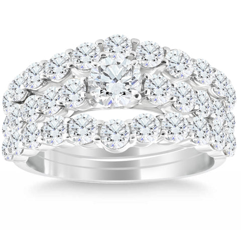 2 3/4Ct Diamond Trio Engagement Wedding Ring 14k White Gold Matching Wedding Set