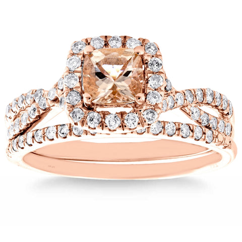1C TW Cushion Morganite Diamond Engagement Wedding Ring Set 14k Rose Gold