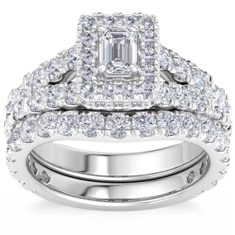 4Ct TW Emerald Cut Halo Diamond Engagement Wedding Ring Set Lab Grown Gold