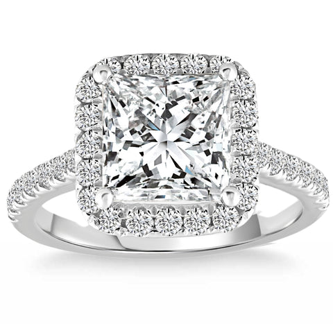 Certified 3.80Ct Princess Cut Halo Diamond Engagement Ring 14k White Gold