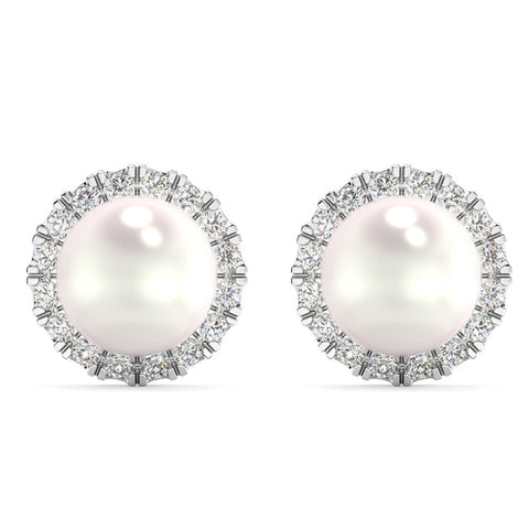 6mm Pearl & Diamond Halo Studs Women's 14k Gold Earrings Lab Grown