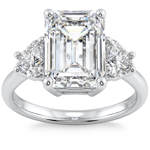 Certified 4 1/2Ct Emerald & Heart Three Stone Diamond Ring 14k Gold Lab Grown