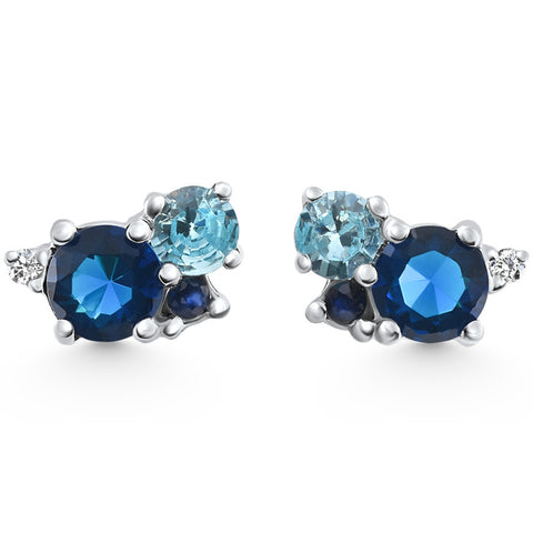4Ct Diamond & Blue Gemstone Hydrangea Bouquet Earrings Studs 14k Gold Lab Grown