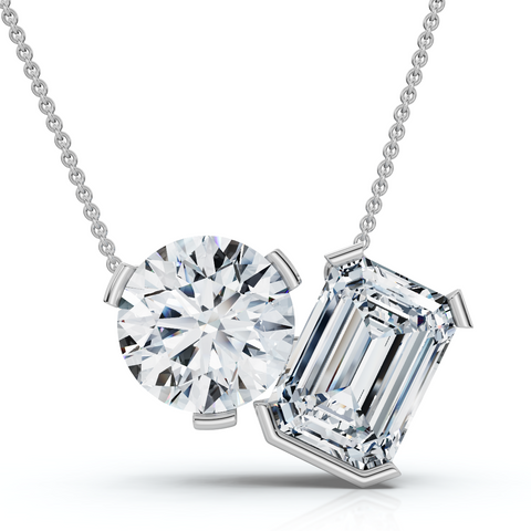 2Ct Toi Et Moi Round & Emerald Diamond Pendant 14k Gold 18" Necklace Lab Grown