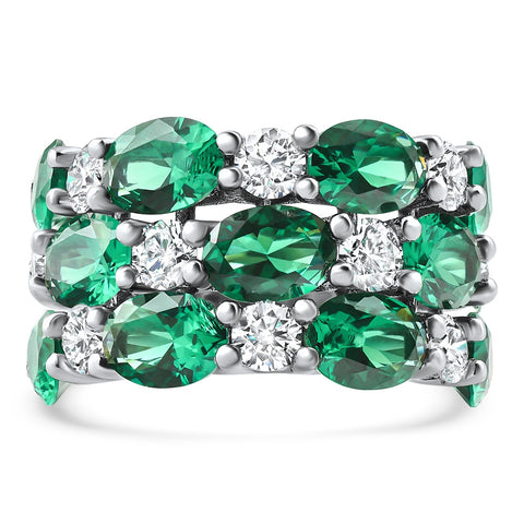 9Ct Emerald & Diamond Multi Row Diamond Anniversary Ring 14k Gold Lab Grown