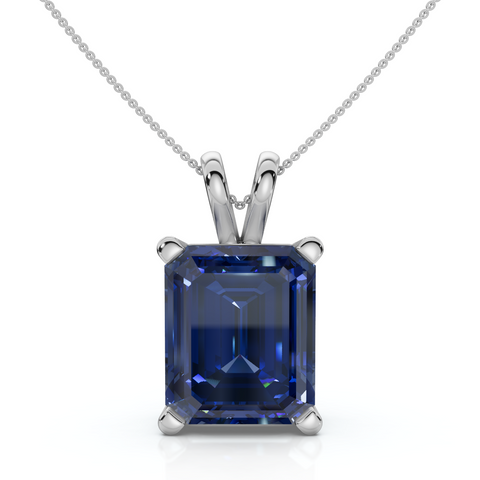 8Ct Emerald Cut Blue Sapphire Pendant 14k Gold 18" Necklace 1/2" Tall Lab Grown