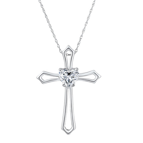 1Ct Cross Solitaire Heart Shape Diamond Necklace Gold Womens Necklace 1" Tall