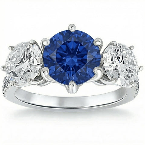 Copy-Certified 6 3/4Ct Blue Sapphire Diamond Ring Three Stone Gold Lab Grown