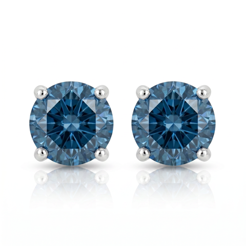 Round Four Prong Blue Diamond Studs 14k Gold Lab Grown