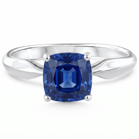 Certified 2Ct Cushion Blue Sapphire Solitaire Engagemet Ring 14k Gold Lab Grown