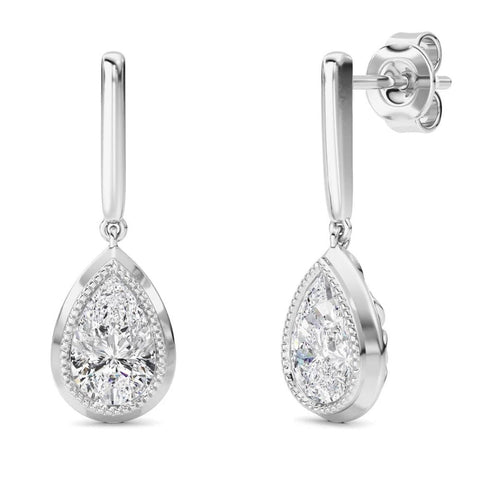 2Ct TW Bezel Solitaire Pear Dangle Earrings Gold Lab Grown 3/4" Tall