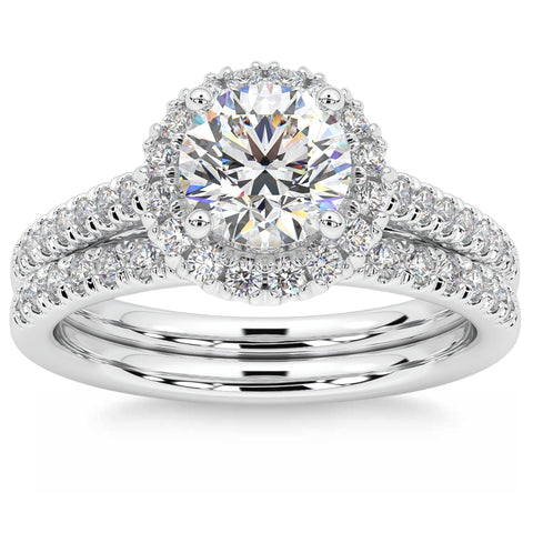 1/2 ct Diamond Halo Engagement Wedding Ring Set 14k White Gold