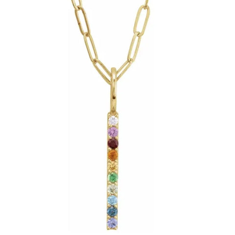 14K Yellow Natural Multi-Gemstone Rainbow Bar Pendant 1" Tall 18" Necklace
