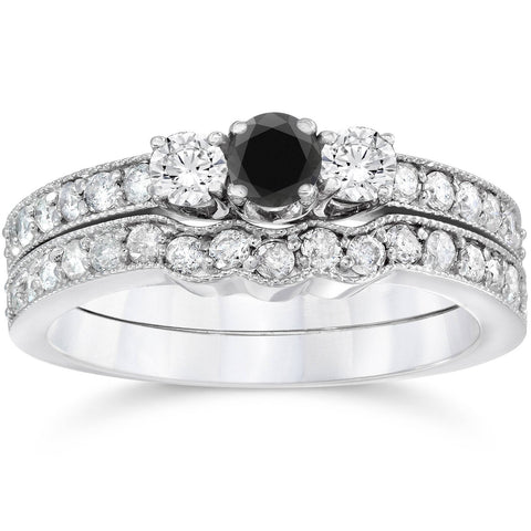 3/4ct Round Black Diamond Three Stone Wedding Engagement Ring Set 10K White Gold