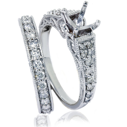3/4ct   Diamond Ring Heirloom Filigree Bridal Set Setiing 14K White Gold